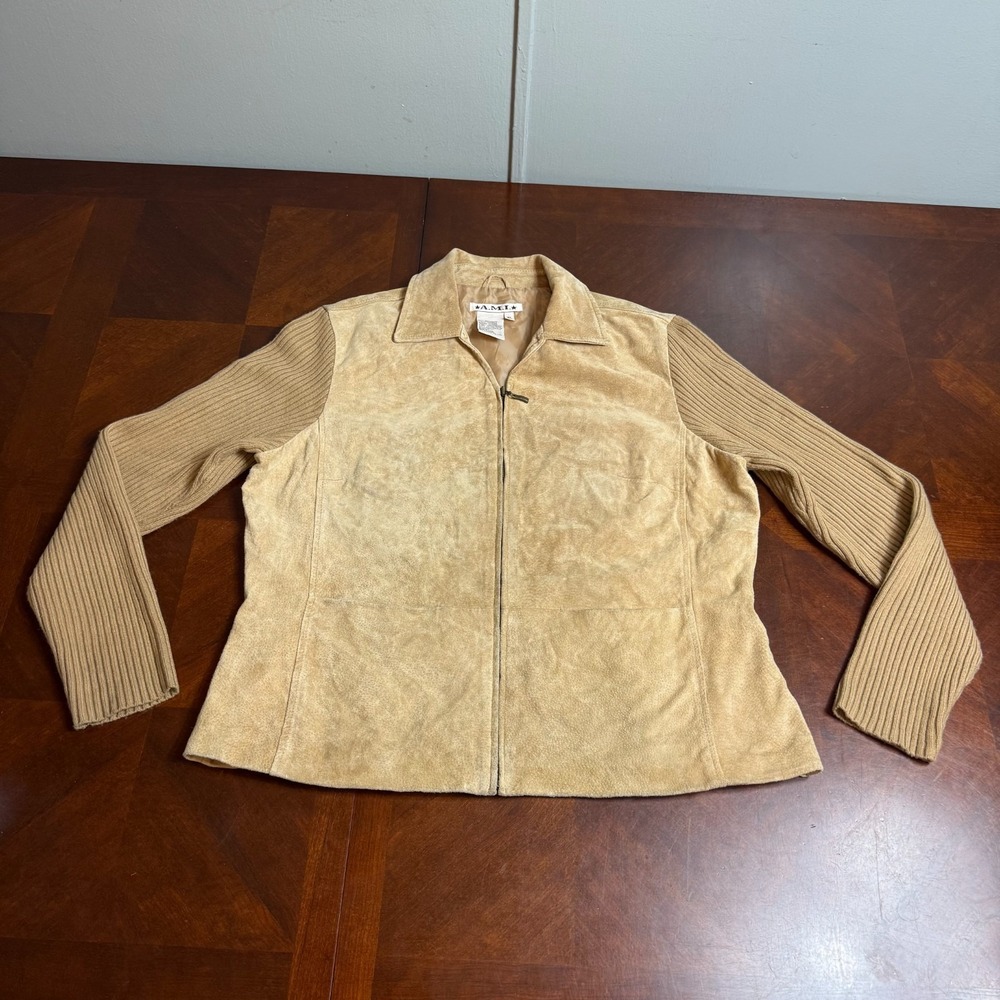 vtg Genuine Leather Sweater Jacket Women Tan Zip Front Knit Sleeves XL